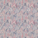 Hitherhill Anemone fabric featuring an intricate repeating botanical print of overlapping decorative leaves, delicate flowers and stylised foliage in soft pink, dusty blue, navy and lavender tones against a warm ivory background.