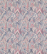 Hitherhill Anemone fabric featuring an intricate repeating botanical print of overlapping decorative leaves, delicate flowers and stylised foliage in soft pink, dusty blue, navy and lavender tones against a warm ivory background.