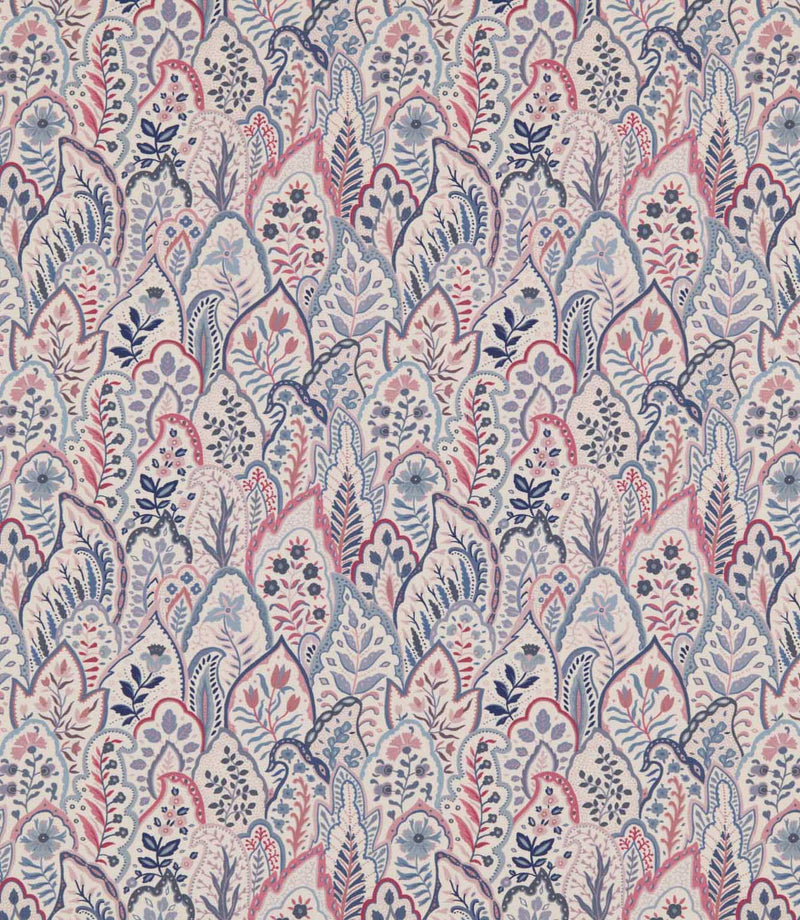 Hitherhill Anemone fabric featuring an intricate repeating botanical print of overlapping decorative leaves, delicate flowers and stylised foliage in soft pink, dusty blue, navy and lavender tones against a warm ivory background.