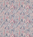 Hitherhill Anemone fabric featuring an intricate repeating botanical print of overlapping decorative leaves, delicate flowers and stylised foliage in soft pink, dusty blue, navy and lavender tones against a warm ivory background.