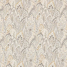 Hitherhill Gull fabric featuring an intricate repeating botanical design of overlapping decorative leaf shapes, delicate flowers and stylised foliage in soft grey, warm taupe, pale gold and ivory tones, with fine ornamental detailing.