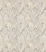 Hitherhill Gull fabric featuring an intricate repeating botanical design of overlapping decorative leaf shapes, delicate flowers and stylised foliage in soft grey, warm taupe, pale gold and ivory tones, with fine ornamental detailing.