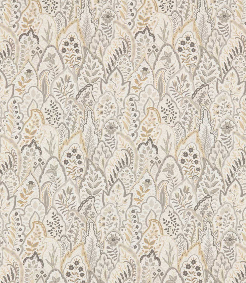 Hitherhill Gull fabric featuring an intricate repeating botanical design of overlapping decorative leaf shapes, delicate flowers and stylised foliage in soft grey, warm taupe, pale gold and ivory tones, with fine ornamental detailing.