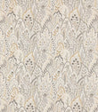 Hitherhill Gull fabric featuring an intricate repeating botanical design of overlapping decorative leaf shapes, delicate flowers and stylised foliage in soft grey, warm taupe, pale gold and ivory tones, with fine ornamental detailing.