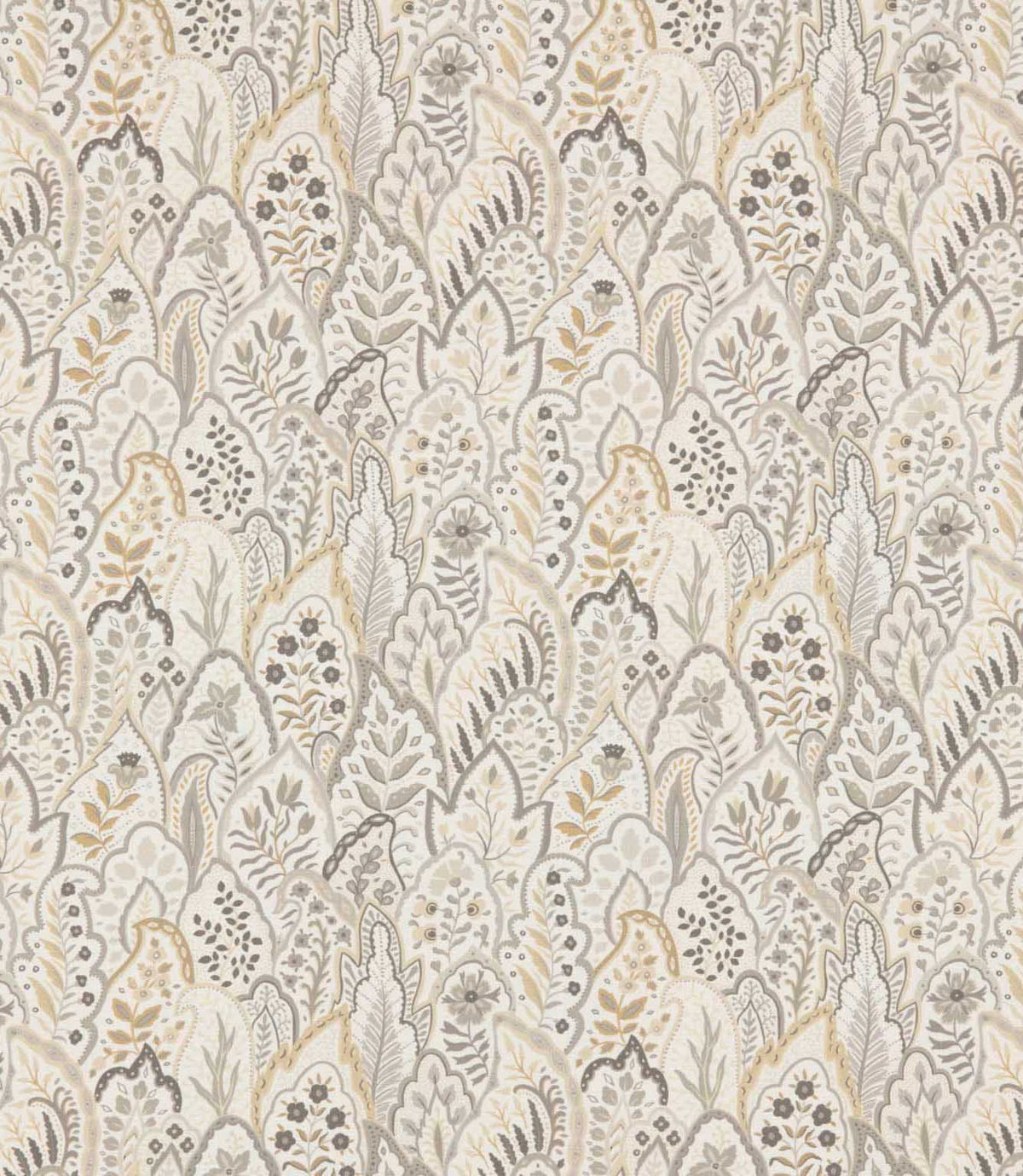 Hitherhill Gull fabric featuring an intricate repeating botanical design of overlapping decorative leaf shapes, delicate flowers and stylised foliage in soft grey, warm taupe, pale gold and ivory tones, with fine ornamental detailing.