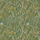 Hitherhill Kelp fabric featuring an intricate repeating botanical print of overlapping decorative leaves, delicate flowers and stylised foliage in forest green, olive, mustard yellow, soft blue and cream tones, creating a richly detailed floral design.