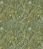 Hitherhill Kelp fabric featuring an intricate repeating botanical print of overlapping decorative leaves, delicate flowers and stylised foliage in forest green, olive, mustard yellow, soft blue and cream tones, creating a richly detailed floral design.