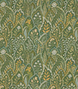Hitherhill Kelp fabric featuring an intricate repeating botanical print of overlapping decorative leaves, delicate flowers and stylised foliage in forest green, olive, mustard yellow, soft blue and cream tones, creating a richly detailed floral design.