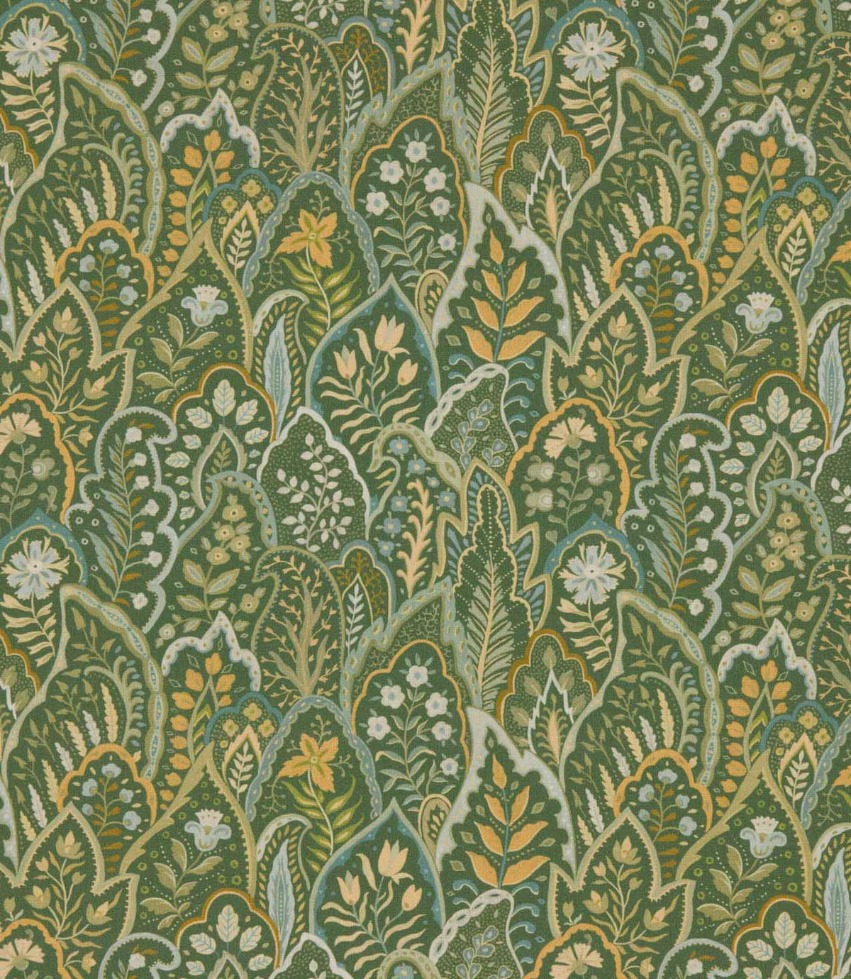 Hitherhill Kelp fabric featuring an intricate repeating botanical print of overlapping decorative leaves, delicate flowers and stylised foliage in forest green, olive, mustard yellow, soft blue and cream tones, creating a richly detailed floral design.