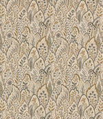 Hitherhill Rockport floral fabric featuring an intricate repeating botanical pattern of overlapping decorative leaf shapes, delicate flowers and foliage in muted taupe, warm beige, olive and soft grey tones on an ivory background.