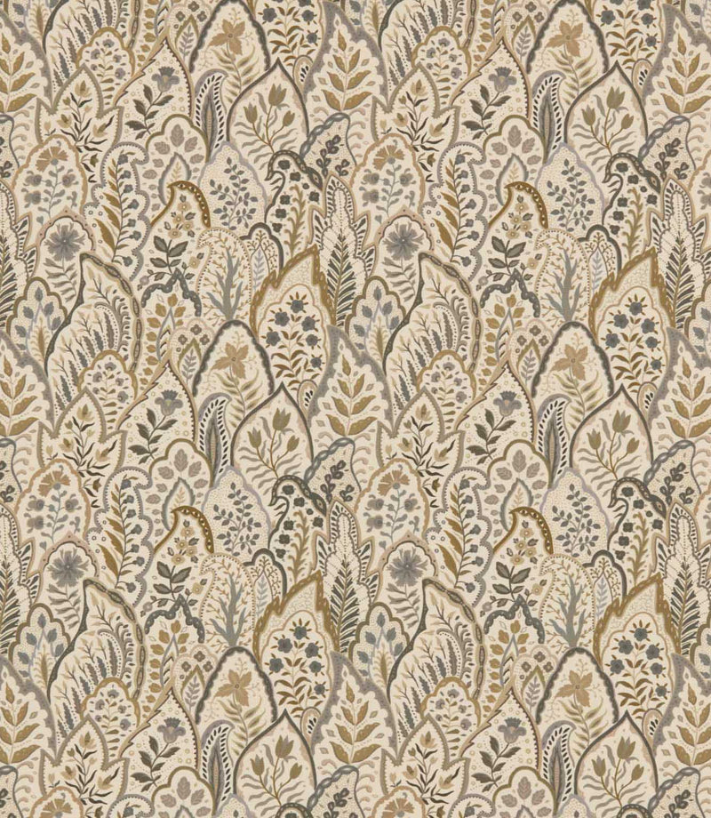 Hitherhill Rockport floral fabric featuring an intricate repeating botanical pattern of overlapping decorative leaf shapes, delicate flowers and foliage in muted taupe, warm beige, olive and soft grey tones on an ivory background.