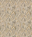 Hitherhill Rockport floral fabric featuring an intricate repeating botanical pattern of overlapping decorative leaf shapes, delicate flowers and foliage in muted taupe, warm beige, olive and soft grey tones on an ivory background.