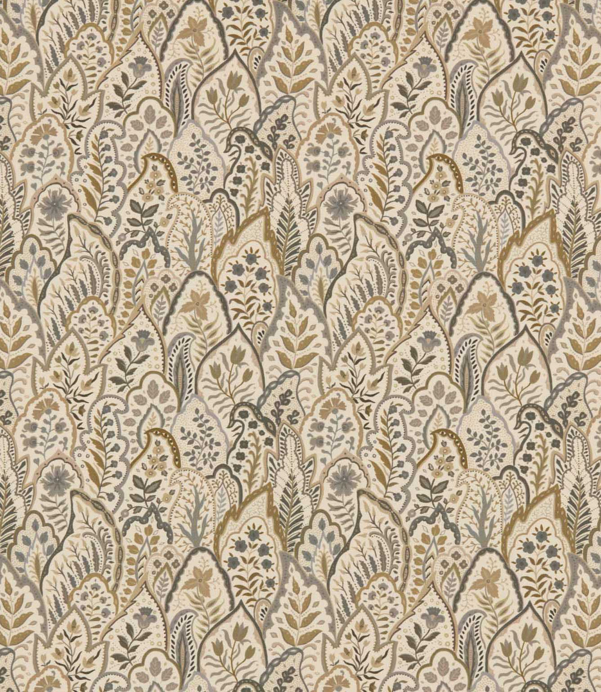 Hitherhill Rockport floral fabric featuring an intricate repeating botanical pattern of overlapping decorative leaf shapes, delicate flowers and foliage in muted taupe, warm beige, olive and soft grey tones on an ivory background.