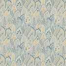 Hitherhill Saltwater fabric featuring an intricate repeating botanical print of overlapping decorative leaves, delicate flowers and stylised foliage in soft aqua, teal, dusty blue and pale yellow tones against a warm ivory background.