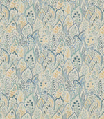 Hitherhill Saltwater fabric featuring an intricate repeating botanical print of overlapping decorative leaves, delicate flowers and stylised foliage in soft aqua, teal, dusty blue and pale yellow tones against a warm ivory background.