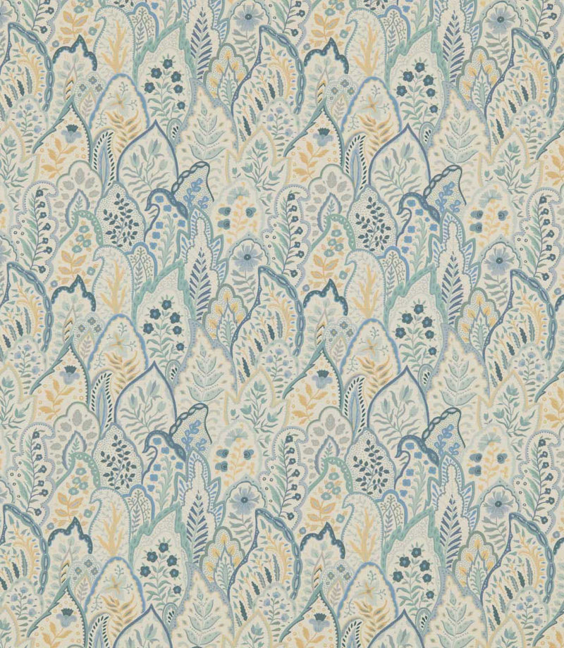Hitherhill Saltwater fabric featuring an intricate repeating botanical print of overlapping decorative leaves, delicate flowers and stylised foliage in soft aqua, teal, dusty blue and pale yellow tones against a warm ivory background.