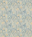 Hitherhill Saltwater fabric featuring an intricate repeating botanical print of overlapping decorative leaves, delicate flowers and stylised foliage in soft aqua, teal, dusty blue and pale yellow tones against a warm ivory background.
