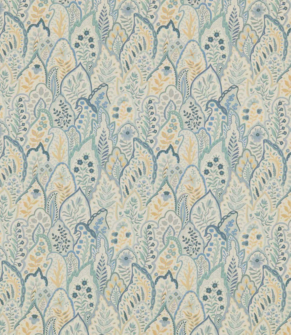 Hitherhill Saltwater fabric featuring an intricate repeating botanical print of overlapping decorative leaves, delicate flowers and stylised foliage in soft aqua, teal, dusty blue and pale yellow tones against a warm ivory background.