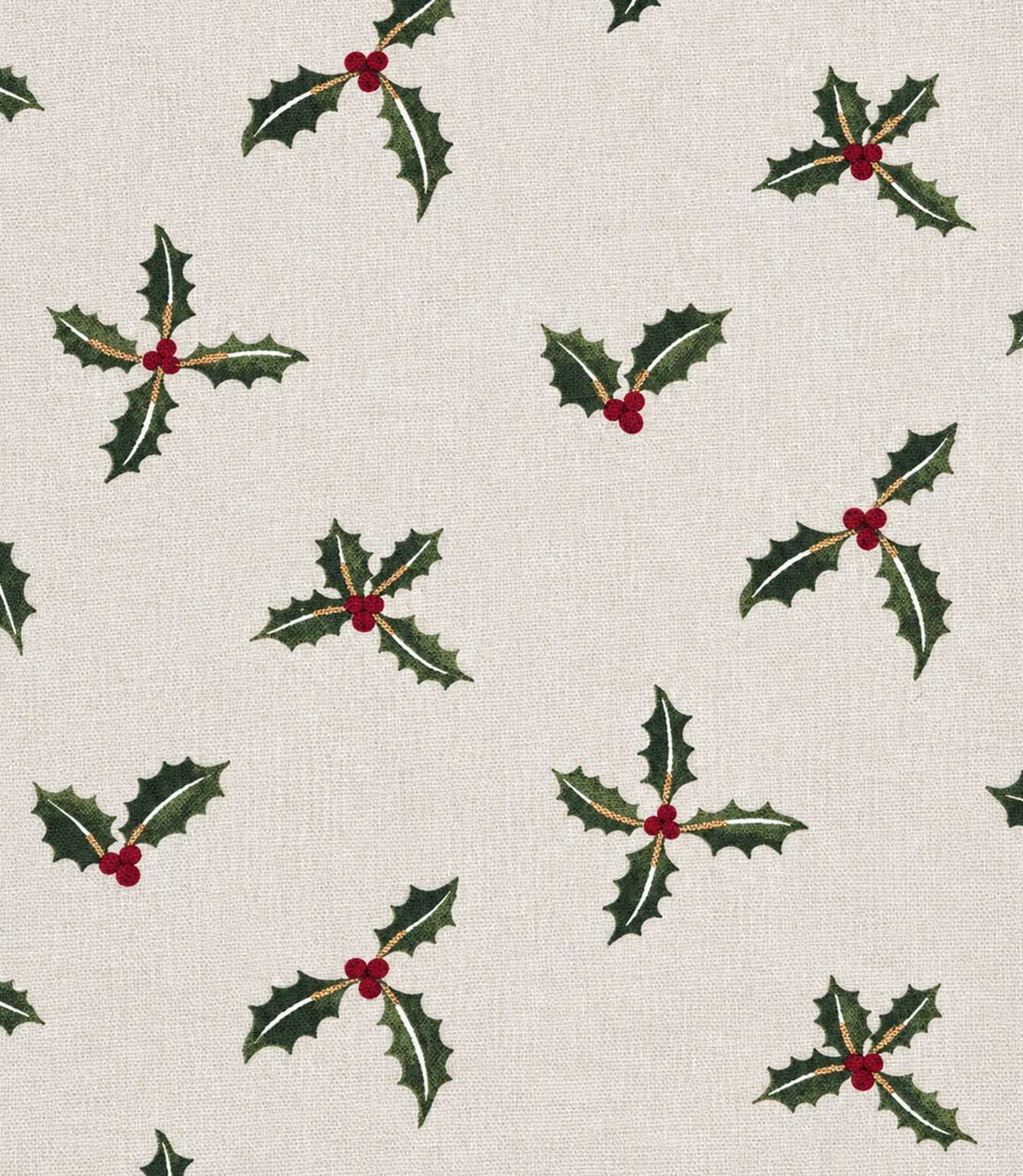 A repeating woven fabric pattern of holly leaves and small red berries on a light beige background.