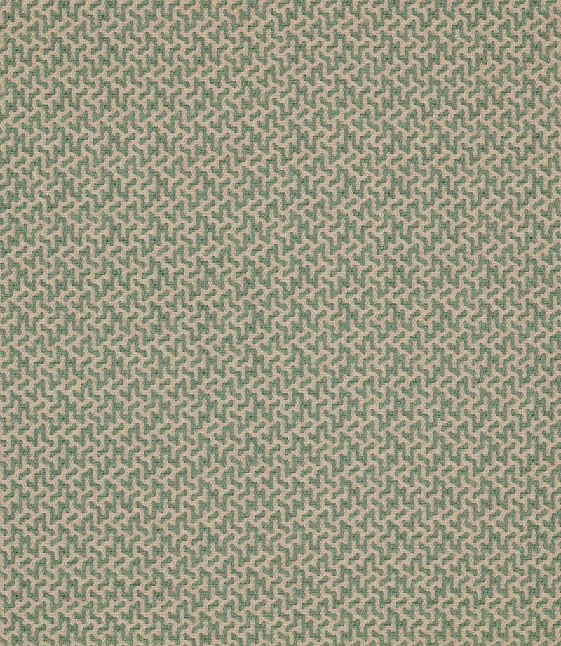 Horton Cascade upholstery fabric in sage green and natural, featuring a small-scale repeating geometric pattern with a textured woven finish.