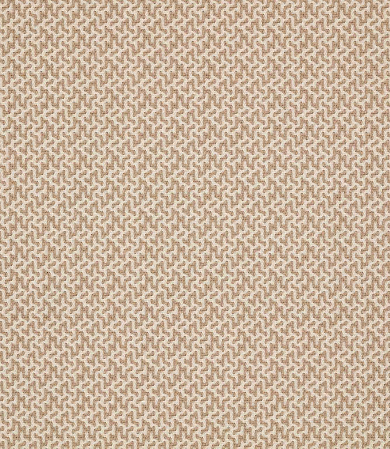 Horton Quaker fabric in warm taupe and cream, featuring a closely repeated geometric motif with a textured woven surface.