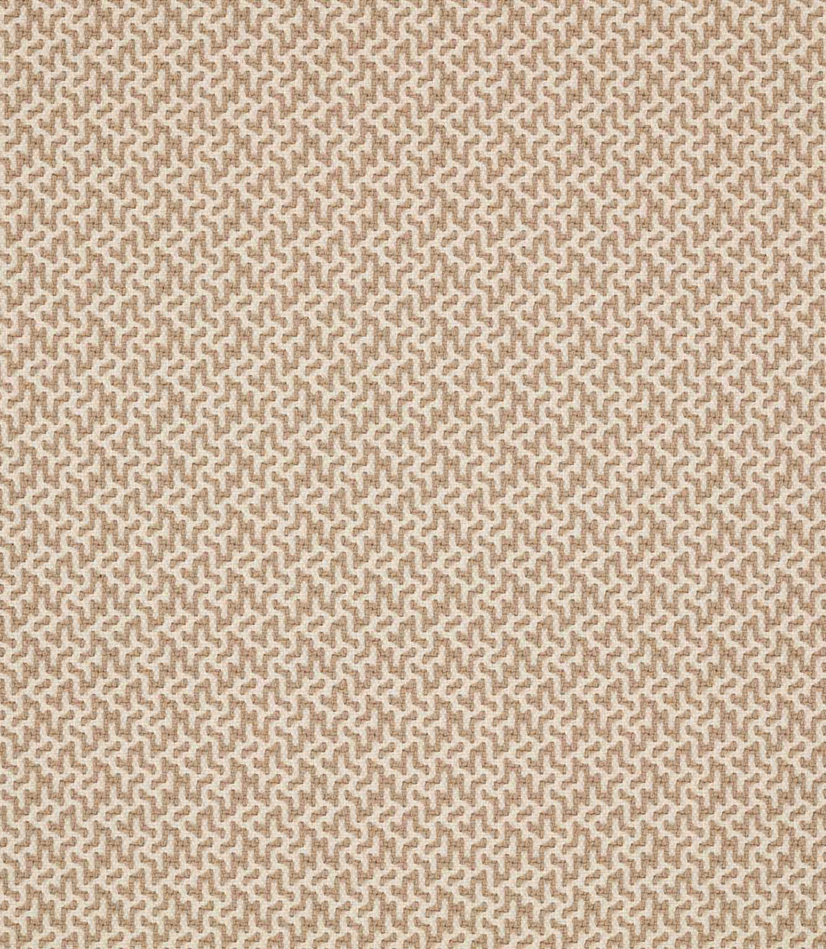 Horton Quaker fabric in warm taupe and cream, featuring a closely repeated geometric motif with a textured woven surface.
