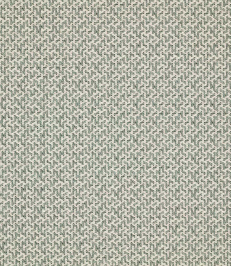 Horton Seafoam fabric in muted seafoam green and ivory, featuring a small-scale repeating geometric design with a textured woven finish.