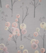 Ichiyo botanical fabric featuring delicate grey branching stems with rounded blush pink, cream and pale green floral motifs on a soft grey background.