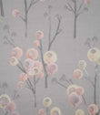 Ichiyo botanical fabric featuring delicate grey branching stems with rounded blush pink, cream and pale green floral motifs on a soft grey background.