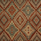 Patterned fabric with geometric design in red, beige, and brown tones.