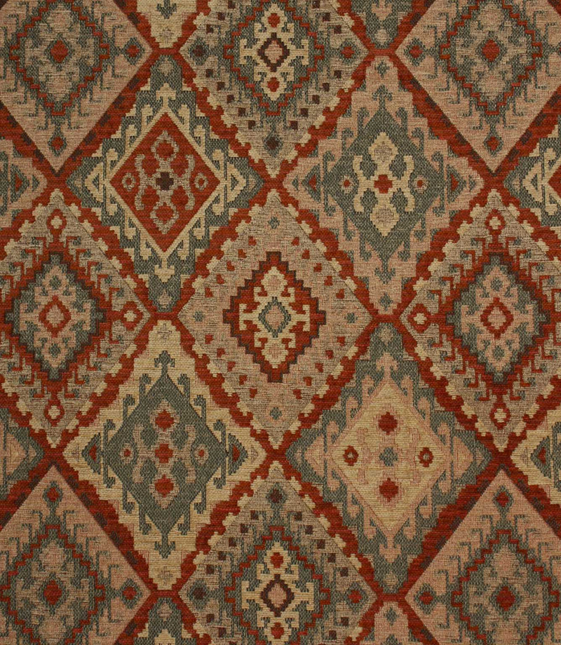 Patterned fabric with geometric design in red, beige, and brown tones.