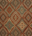 Patterned fabric with geometric design in red, beige, and brown tones.