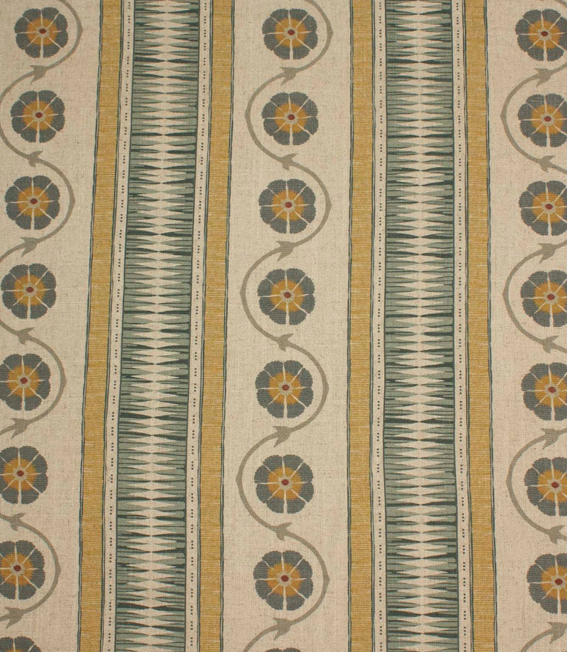 Decorative stripe fabric in muted mustard, slate blue, and taupe with repeating floral vine motifs on a natural background.