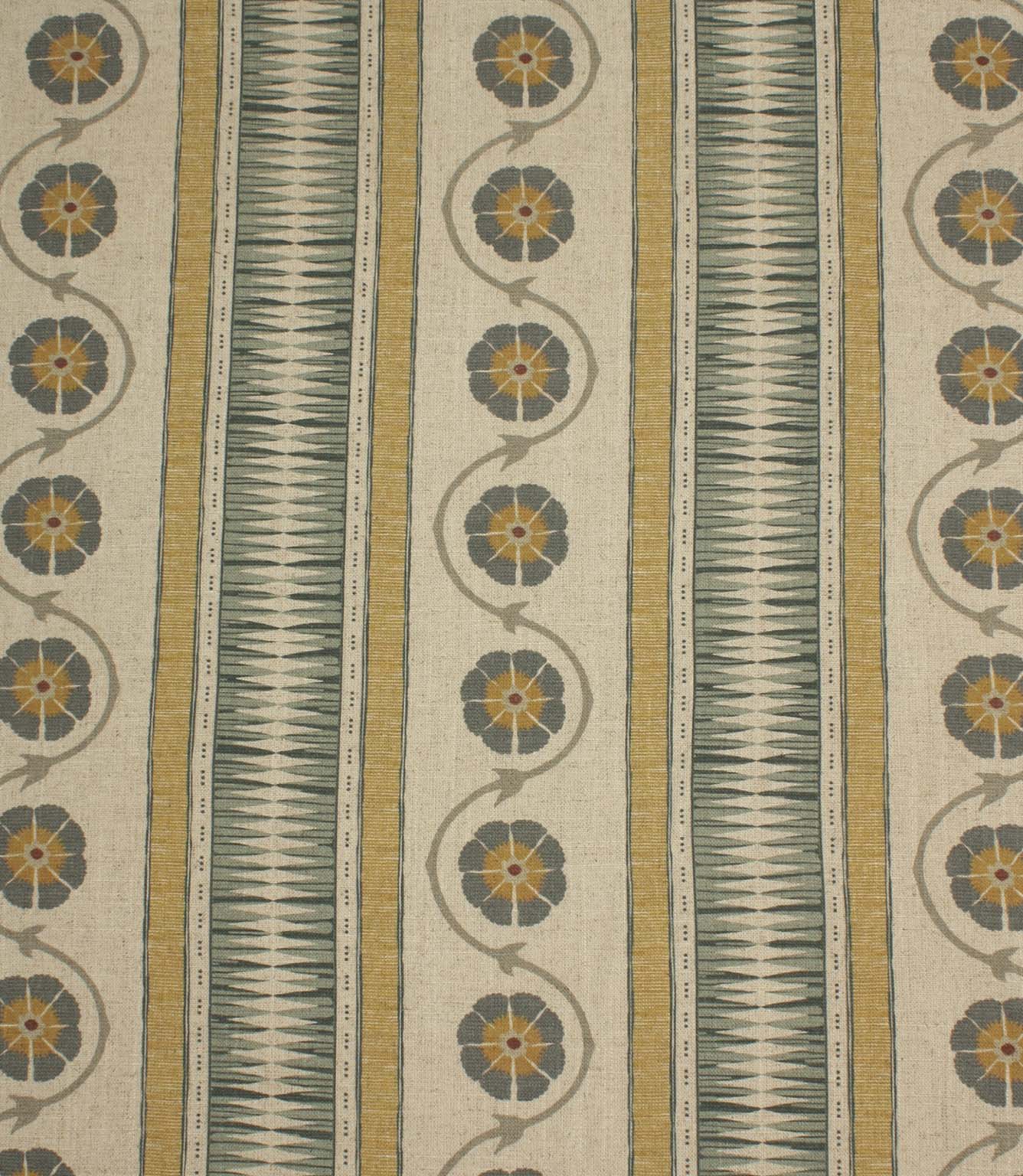 Decorative stripe fabric in muted mustard, slate blue, and taupe with repeating floral vine motifs on a natural background.