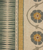 Close-up of striped floral fabric highlighting geometric bands and stylised flower details in mustard yellow and blue-grey tones.