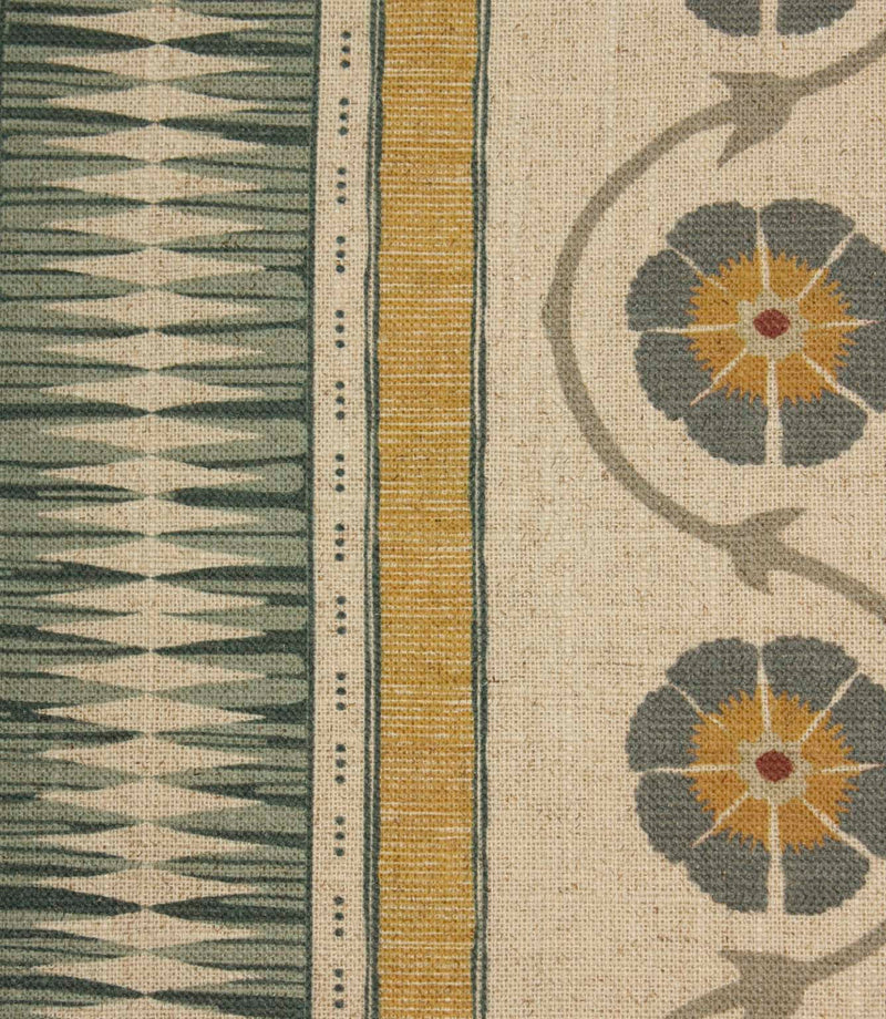 Close-up of striped floral fabric highlighting geometric bands and stylised flower details in mustard yellow and blue-grey tones.