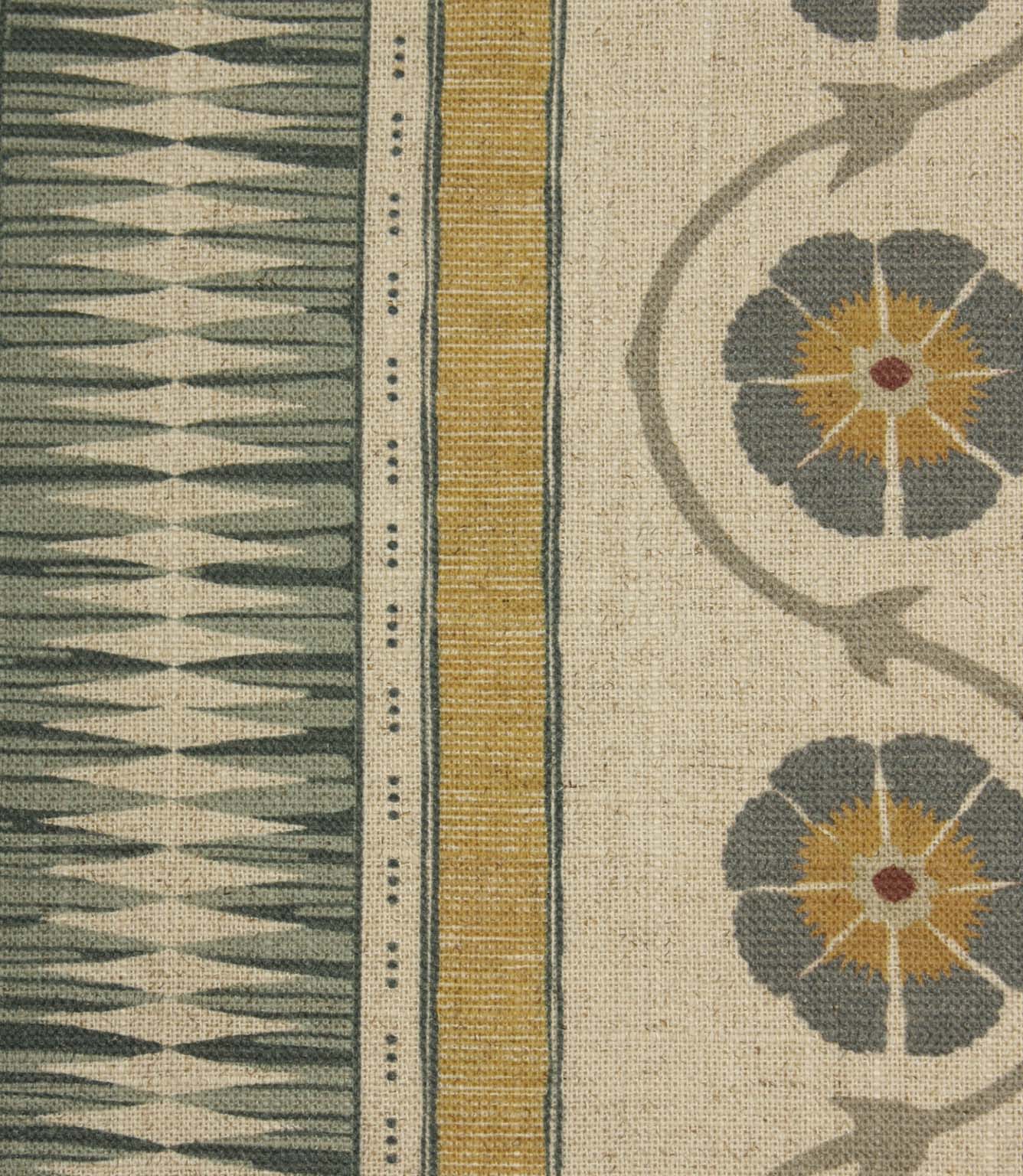 Close-up of striped floral fabric highlighting geometric bands and stylised flower details in mustard yellow and blue-grey tones.