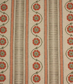 Decorative striped fabric with stylised floral trails in terracotta, sage green, and soft blue on a natural linen-look background.