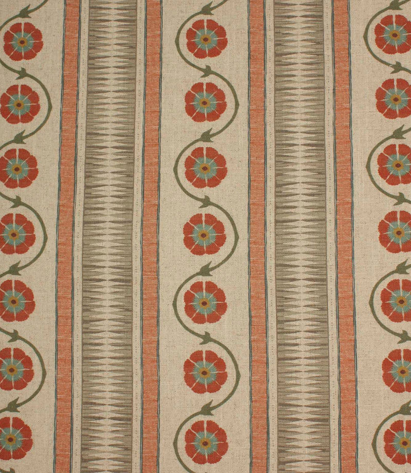 Decorative striped fabric with stylised floral trails in terracotta, sage green, and soft blue on a natural linen-look background.