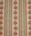 Decorative striped fabric with stylised floral trails in terracotta, sage green, and soft blue on a natural linen-look background.