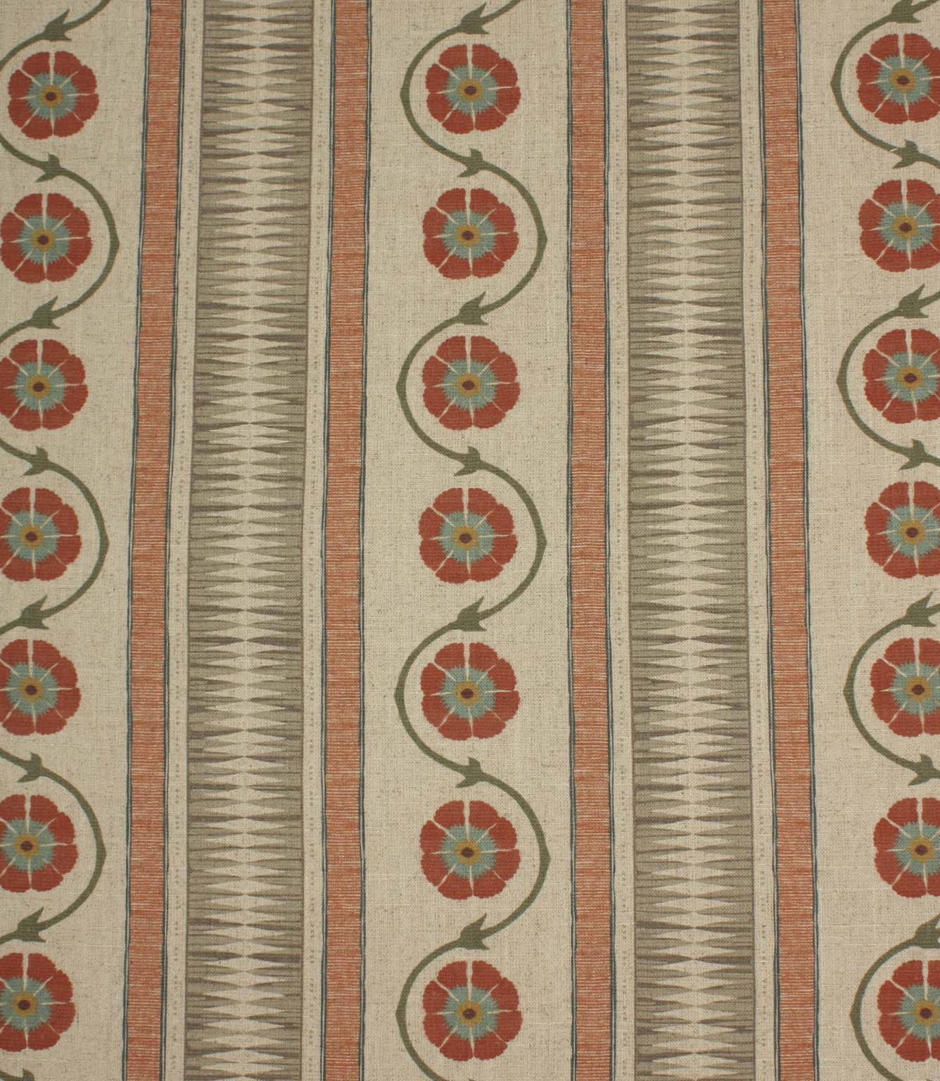 Decorative striped fabric with stylised floral trails in terracotta, sage green, and soft blue on a natural linen-look background.