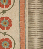 Close-up of patterned stripe fabric featuring geometric woven-effect bands and trailing floral motifs in warm earthy tones.
