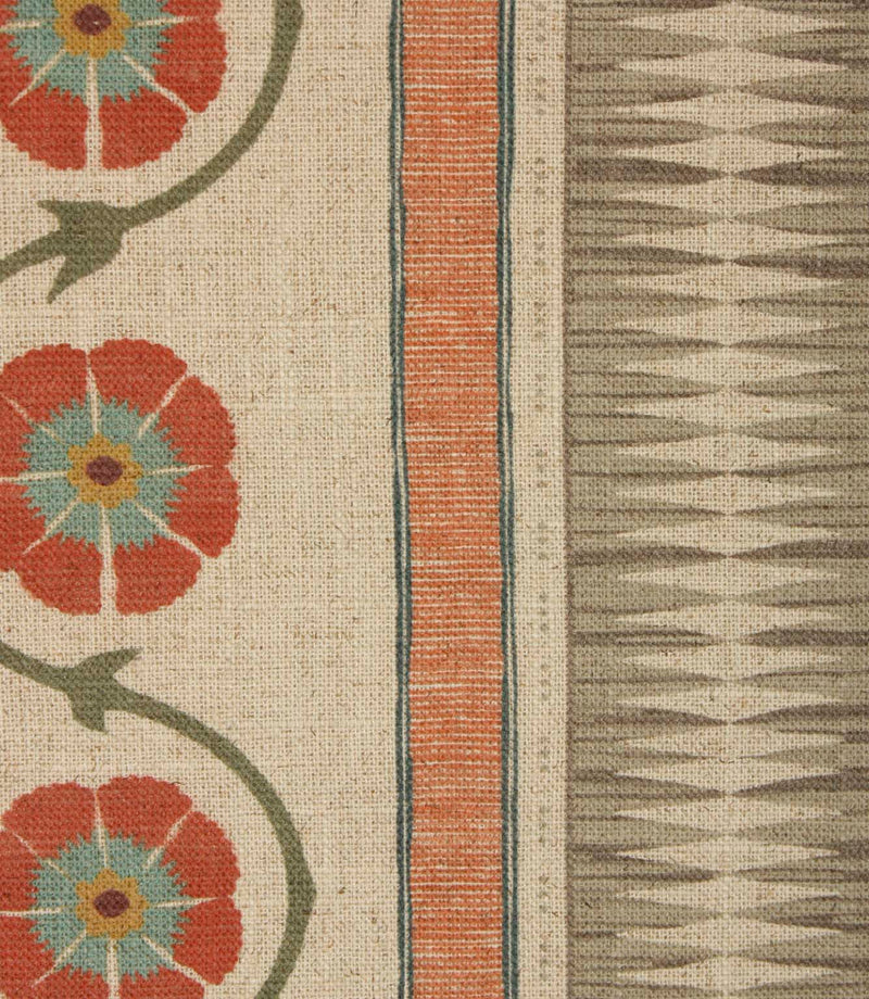 Close-up of patterned stripe fabric featuring geometric woven-effect bands and trailing floral motifs in warm earthy tones.