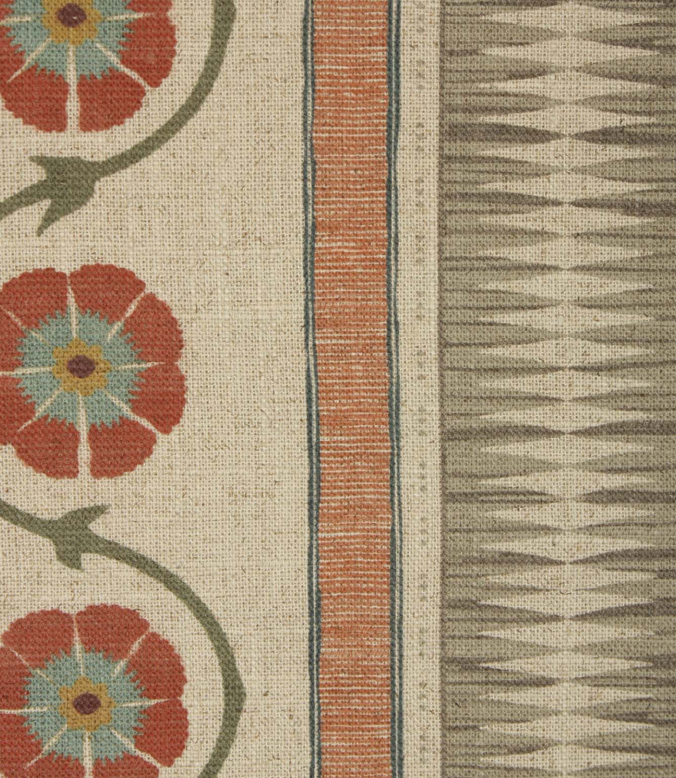 Close-up of patterned stripe fabric featuring geometric woven-effect bands and trailing floral motifs in warm earthy tones.