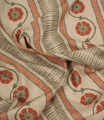 Draped decorative fabric featuring stylised flowers and vertical stripe detailing on a natural neutral base cloth.