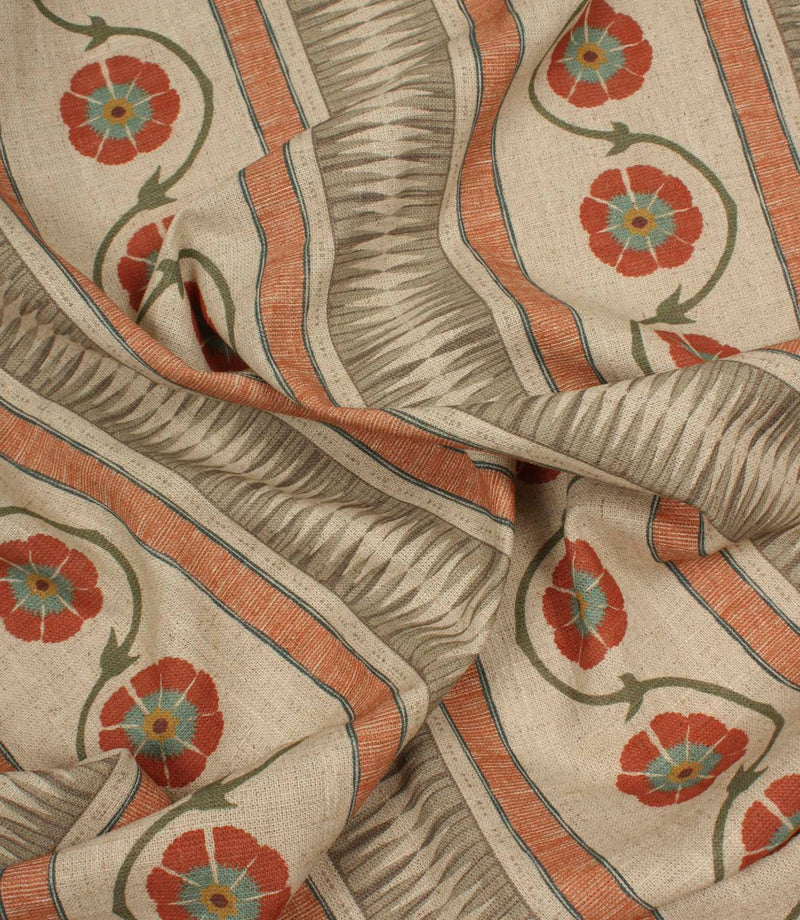 Draped decorative fabric featuring stylised flowers and vertical stripe detailing on a natural neutral base cloth.