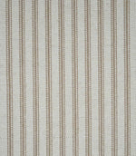 Close-up of beige ticking stripe fabric with fine woven vertical stripes on a natural cream background, showing the subtle texture and classic striped design.