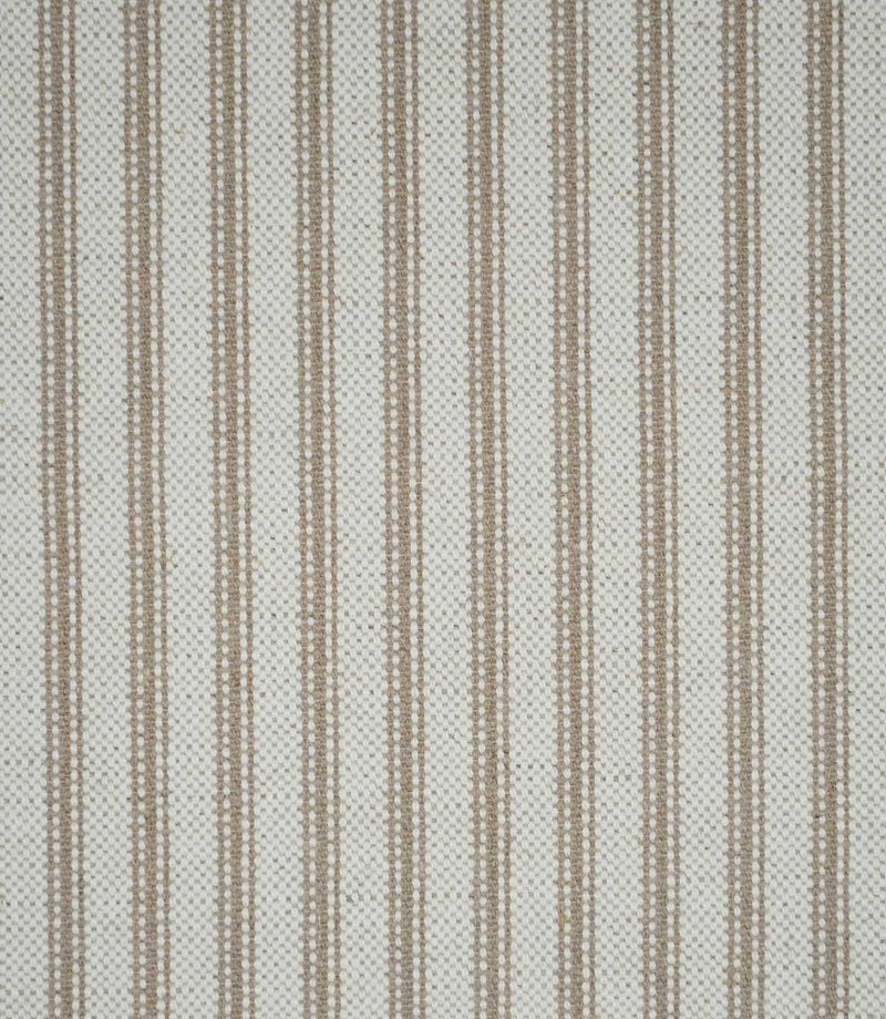 Close-up of beige ticking stripe fabric with fine woven vertical stripes on a natural cream background, showing the subtle texture and classic striped design.