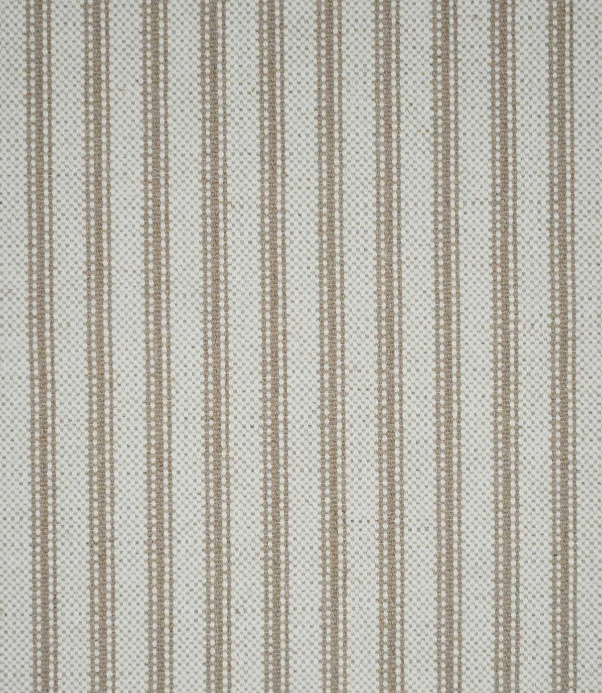 Close-up of beige ticking stripe fabric with fine woven vertical stripes on a natural cream background, showing the subtle texture and classic striped design.