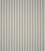 Full view of beige linen-look ticking stripe fabric featuring evenly spaced vertical woven stripes on a warm natural cream background.